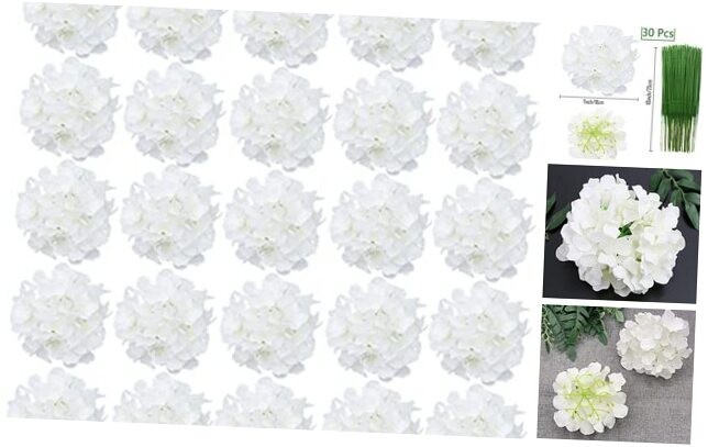 30 Pcs Silk Hydrangea Heads Artificial Flowers Heads and Stems Fake Pure White