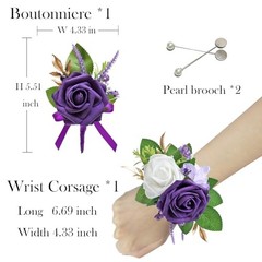 2Pcs Corsage and Boutonniere Set,Artificial Foam Rose,Groom Dark Purple