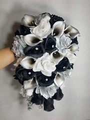 Silver Black White Rose Calla Lily Bridal Wedding Bouquet Accessories