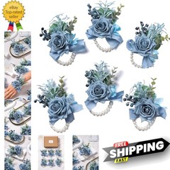Dusty Blue Rose Wrist Corsage for Women, Set of 6, Wedding Bridal Corsage Han…