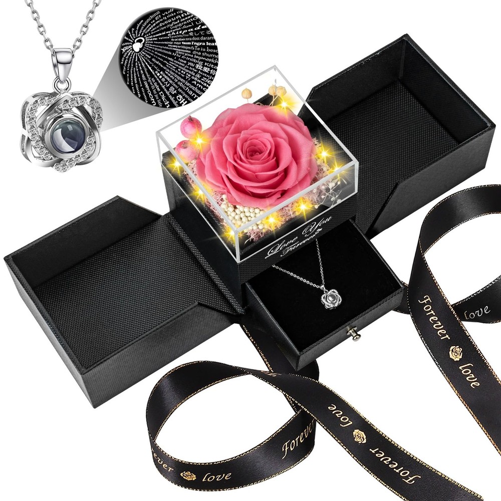 Lebana Preserved Pink Real Rose with Heart I Love You Necklace -Eternal