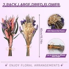 2 Pack Large Dried Flower Bouquets 15.7 inch Lavender Baby Breath Purple, Pink