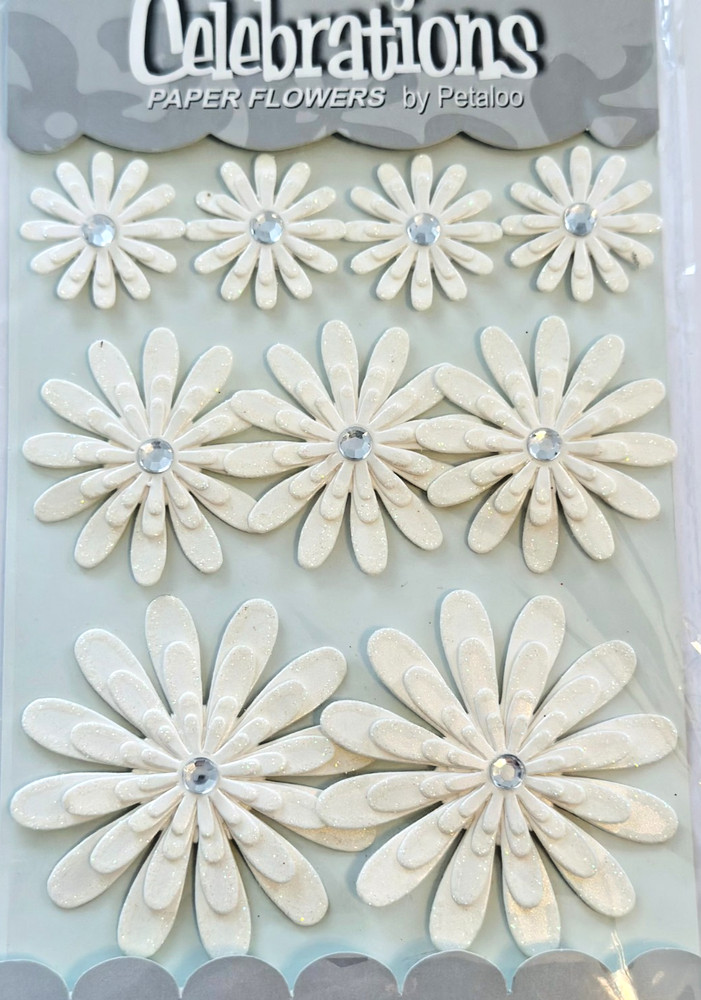 Celebrations Sparkle Paper Flower by Petaloo Pearl Daisies Wedding White 9 pc