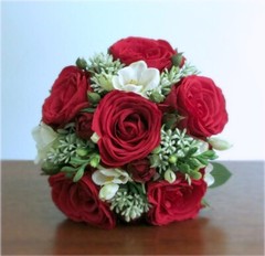 Silk Flower BRIDAL BOUQUET Red Rose and White Freesia, Boutonniere Included