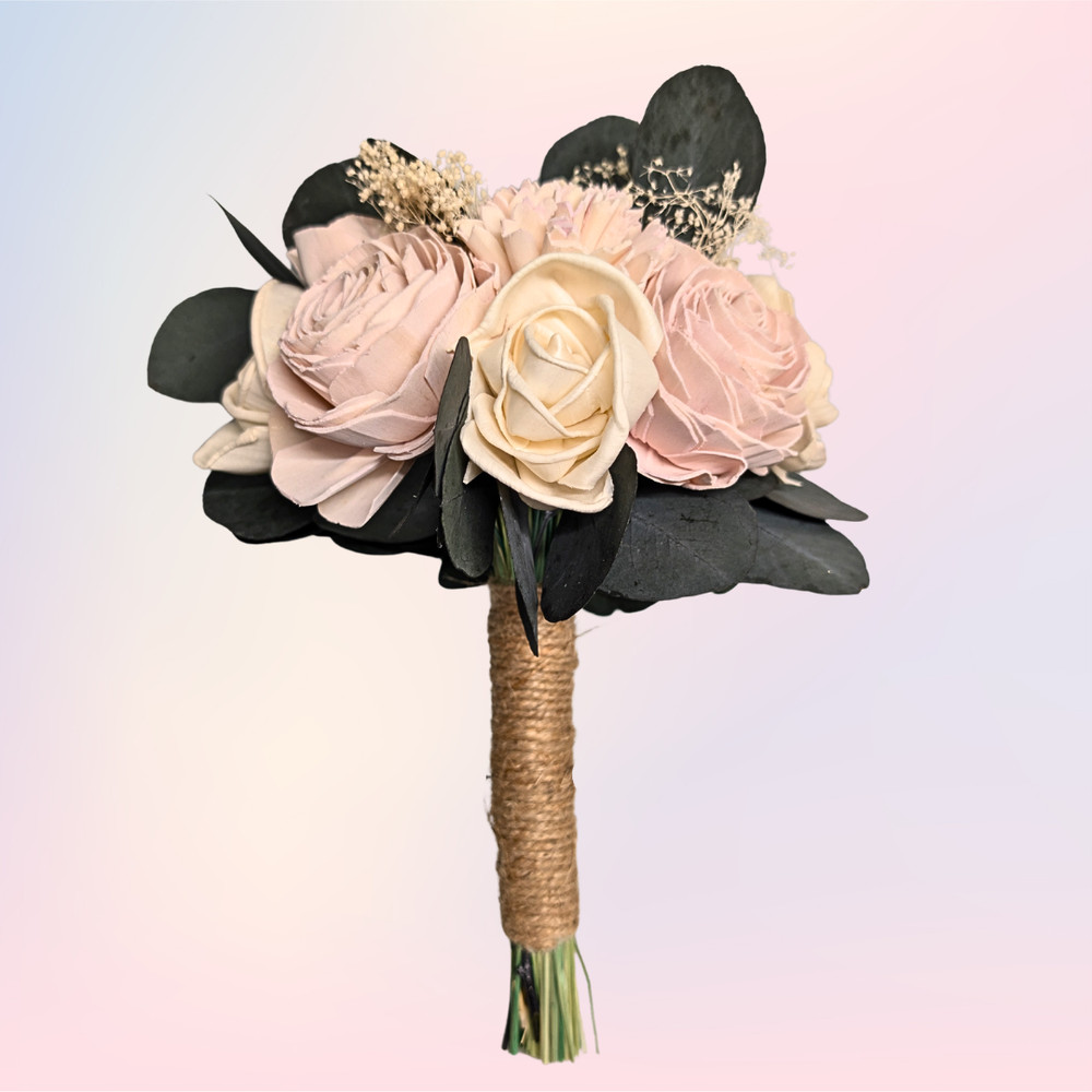 Pink Cream Sola Wood Bridal Bouquet Bridesmaid Wedding Flowers wrapped in Jute