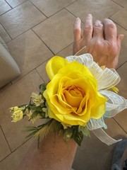 Prom Wrist Corsage & Bout Yellow Rose & Fillers, White Bow. Perfect For Prom.