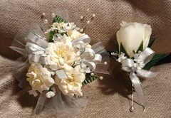 NEW 5″ Artificial Ivory Rose Wrist Corsage & Matching Bout, Pearls, Silver Bow