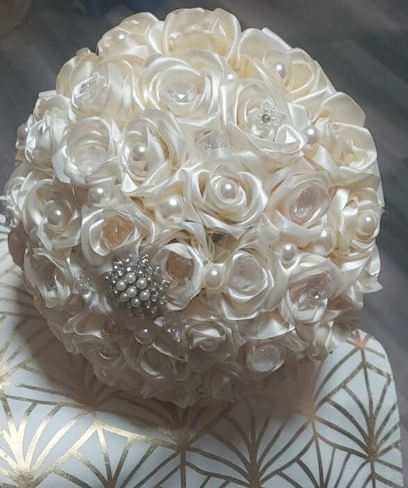 Elegant Handmade Cream White Wedding Bouquet with Pearls, Ribbons & Accessories