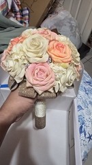 Handmade Faux Rose Bridal Bouquet Ivory Blush Peach Roses Rhinestone Accents
