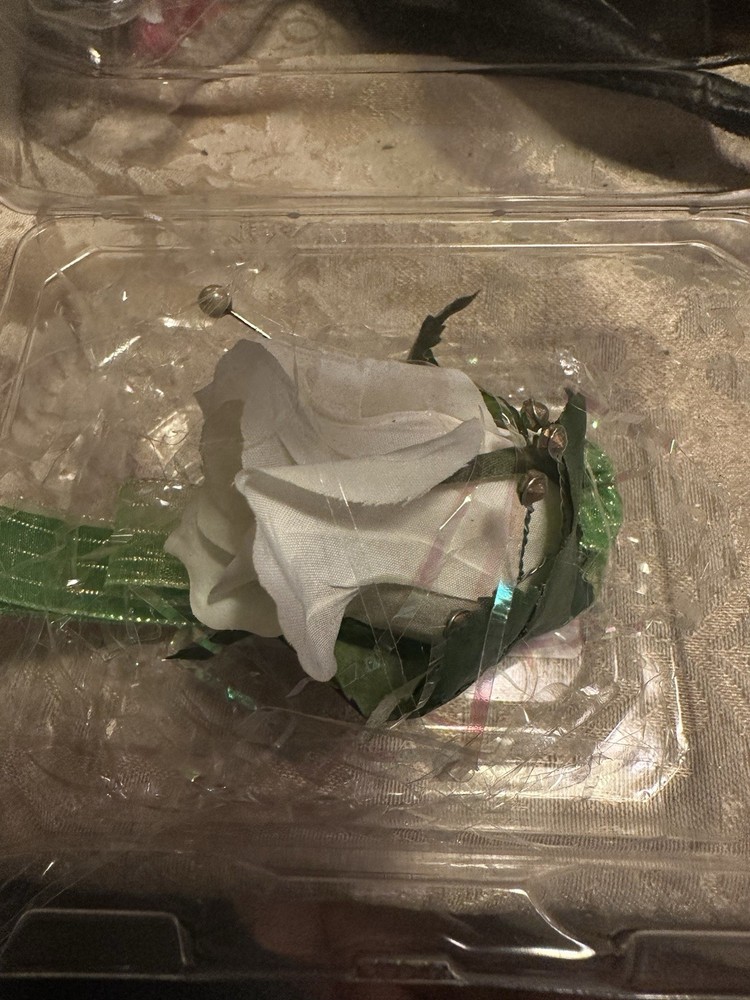 Now & Forever Keepsake Silk White Rose Corsage Boutonniere W/Light Green Ribbon