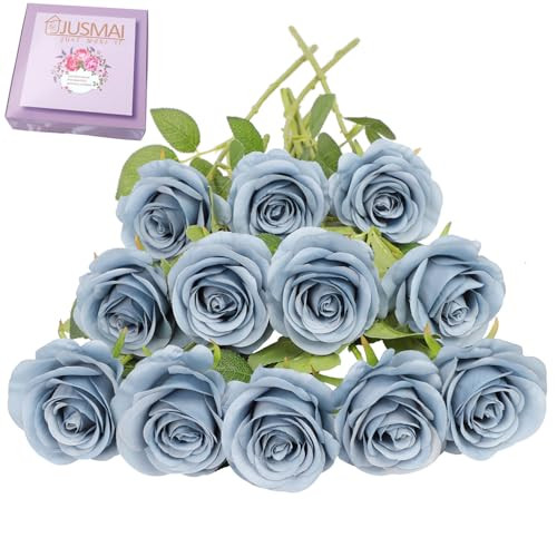 12pcs Roses Artificial Flowers Silk Roses with Long Stems Fake 12PCS Dusty Blue