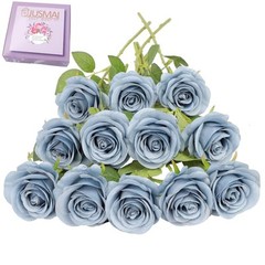 12pcs Roses Artificial Flowers Silk Roses with Long Stems Fake 12PCS Dusty Blue