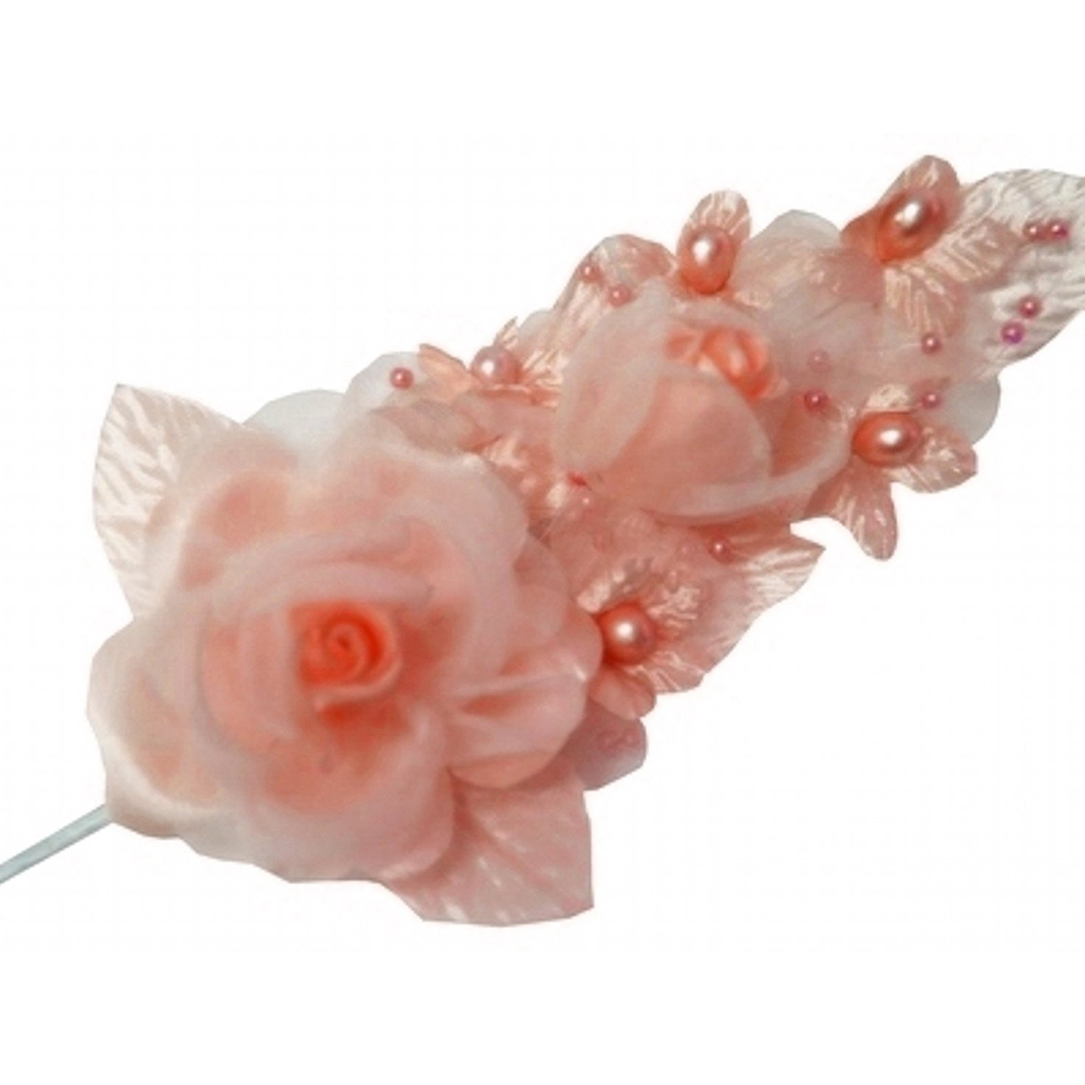 3 coral Silk Pearl & organza flower Corsages 5″x 2.5 with pearl pin