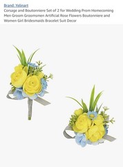 Yelinart Corsage & Boutonniere Artificial Yellow Rose Blue Flowers 2 piece set