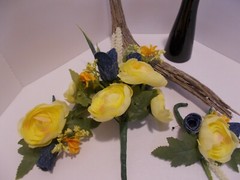 Bridal Denim Roses and Yellow Ranunculus Bouquet & Corsage & Boutonniere Set