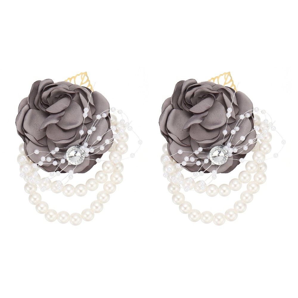 2 Pcs Rose Bridesmaid Wrist Flower Artificial Bride Wrist Grey