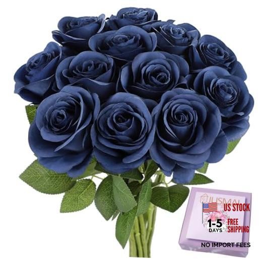 12pcs Roses Artificial Flowers Fake Roses Flowers with Long 12PCS Navy Blue