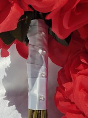 13 Pc. Wedding Bouquet Package, Red Roses, White Ribbon, Red Wedding Bouquet Set