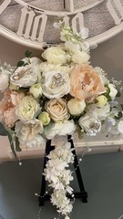 Cascading Wedding Bouquet for Bride, Blush Ivory Silk Flower Pearl Crystal
