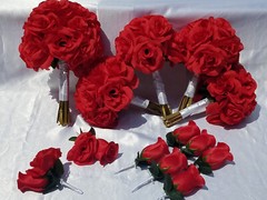 13 Pc. Wedding Bouquet Package, Red Roses, White Ribbon, Red Wedding Bouquet Set