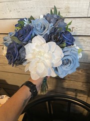 Dusty Blue, Navy and White Bridal Bouquet With Matching Boutonnière