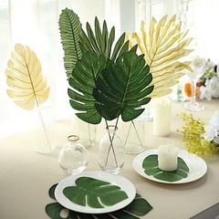 28 Green Gold Assorted SILK LEAVES Artificial Palm Tropical Monstera Stems Party
