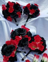 24 Pc Black Rose, Pink / Yellow Rose Bridal Bouquet Set, Wedding Bouquet Package