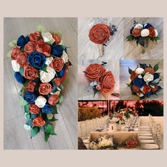 Burnt Orange Navy Bridal Cascade Bouquet Fall Blue Sola Wood Wedding Flowers