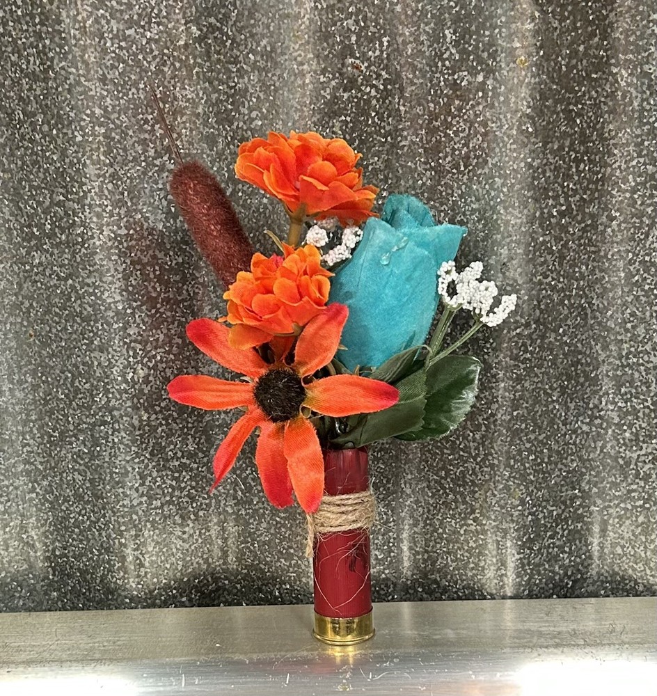 Shotgun Shell Boutonnière w/ Flower Mix, Wrapped in Burlap String Wedding