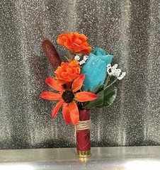 Shotgun Shell Boutonnière w/ Flower Mix, Wrapped in Burlap String Wedding