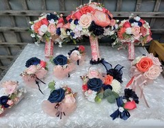 12 PC Blue,Coral,Ivory, Light Rose Wedding Bouquet Set Lace And Bling