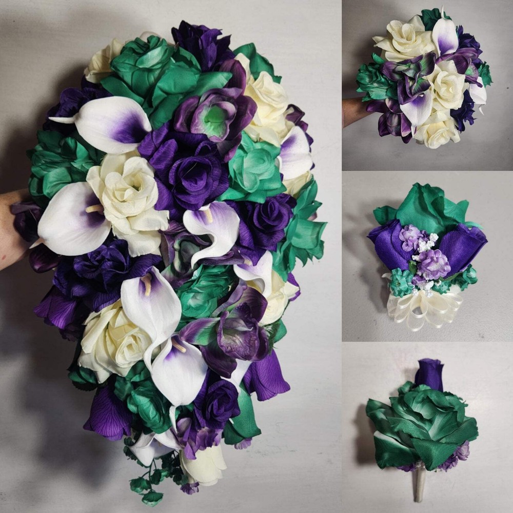 Hunter Green Purple Ivory Rose Calla Lily Orchid Bridal Wedding Bouquet Accessor