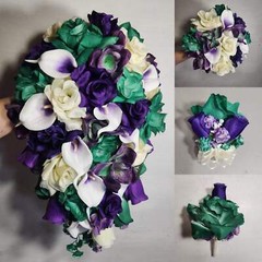 Hunter Green Purple Ivory Rose Calla Lily Orchid Bridal Wedding Bouquet Accessor