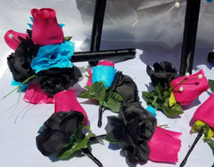 Wedding Bouquet Set – Black, Bright Pink, Turquoise Rose Flowers – 26 pieces