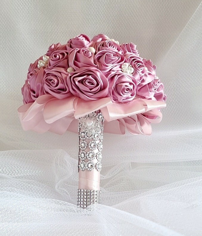 Bridal Bouquets Pink Satin Ribbon Roses, Crystal Brooches, Cream Pearl