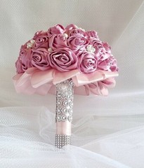 Bridal Bouquets Pink Satin Ribbon Roses, Crystal Brooches, Cream Pearl