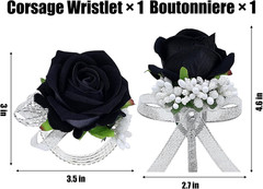 2Pcs Black Rose Corsage and Men Boutonniere Set Women Wristlet Band Wrist Bracel