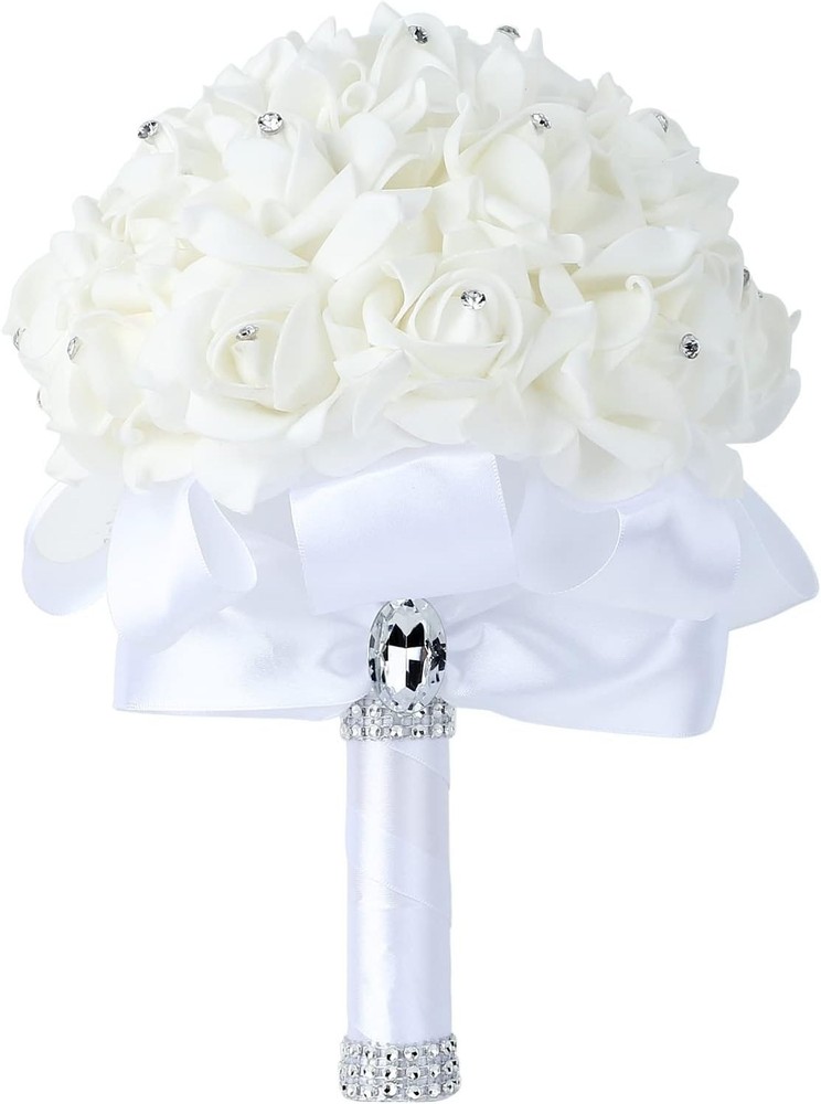 Artificial Foam Roses Bridal Bouquet with Rhinestones and Satin Ribbon