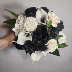 Black White Rose Calla Lily Sola Wood Bridal Wedding Bouquet Accessories