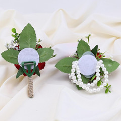 2Pcs Red Rose Corsage and Men Boutonniere Set, Wrist Band Bracelets, for Wedding