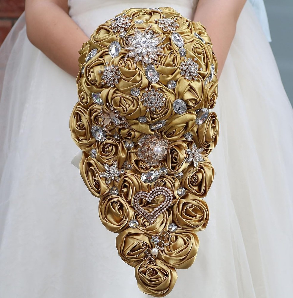 Satin/Brooch Rhinestone Gold Golden Flower Floral Wedding Bridesmaid Bouquet