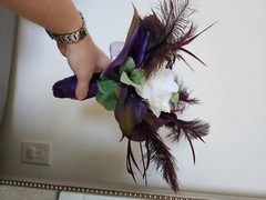 Bridal Bouquet Purple Cala Lilies and Feathers and White FlowersWhite