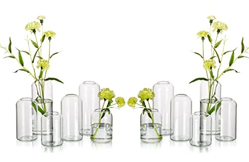 Glass Bud Vases for Flowers – Blown Modern Small Glass 4sets (12pcs) Clear