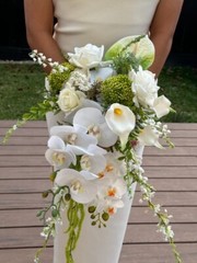 Pure White & Green Wedding waterfall Bouquet – artificial real touch orchid rose