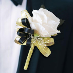 Ivory Rose and Black Wrist Corsage and Boutonniere Set for Wedding Flower Access