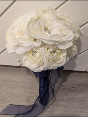 Artificial Bridal Bouquet – White Peony with Sparkles & Navy Blue Ribbon Handle