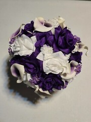 7 Pieces Artificial Flowers Purple White Roses Calla Lilies Wedding Bouquet Set