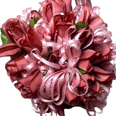 VTG Silk Flower & Lace Streamers Wedding Bridal Bouquet Red Rose & Pink Ribbons