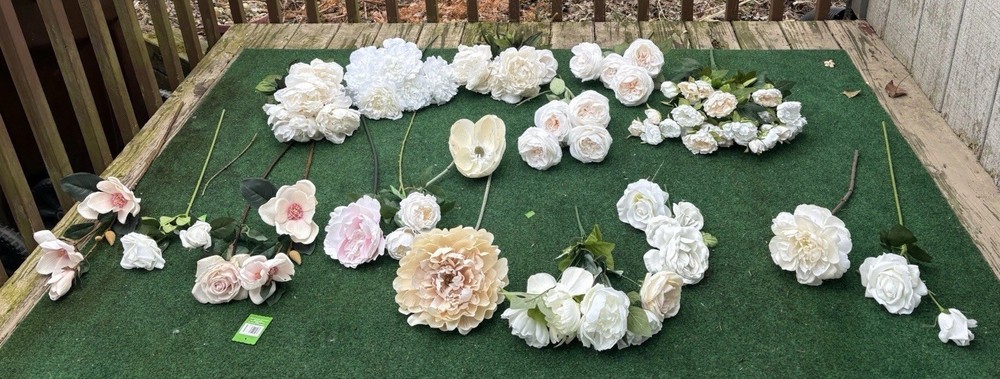 Huge Lot Bundle Of Cream Ivory White Roses Peony Magnolia Long Stem Real Touch