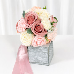 Mauve Pink Ivory Cream Faux Rose Bridal Bouquet Boutonniere Wedding Set